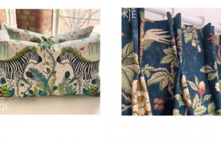 Bespoke cushions with Zebra print and green roman blinds by KE Interiors