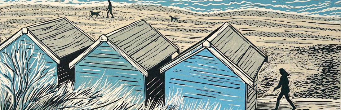 Lino cut print 'Beach Huts' by Sally Hill - picture of the back of three beach huts looking over towards the sea