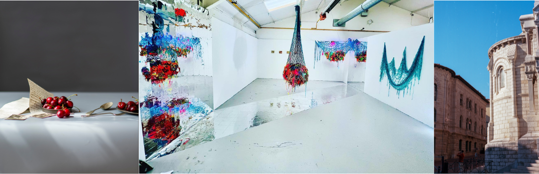 Image 1 work by Sarah Blandford, still life photography: Tulips and water melon; Amy Vallance Art wool installation; Sofia Rodrigues photography of a building against a blue skk