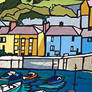 Papercut and fabric picture showing a harbour, boats and houses