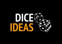 Dice Ideas logo - text Dice Ideas in yellow on a black background with two white dice