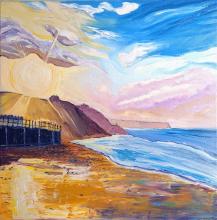Seascape painting by Kelly Herrick of Sunset over Sandsend beach