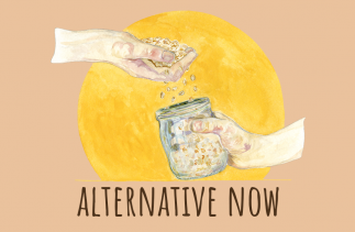 Alternative Now Logo - illustration showing two hands and some seeds