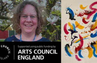 A picture of Kate smith along with the Arts Council funding logo which has a black background and white text